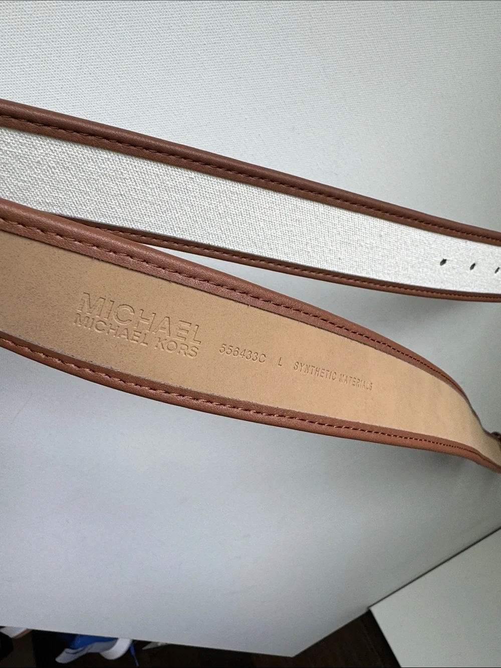 MICHAEL Michael Kors Cream Canvas Belt with Brown Trim and Gold Buckle